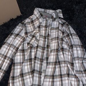 Neutral Plaid Button-Up Shirt in Gray and Brown